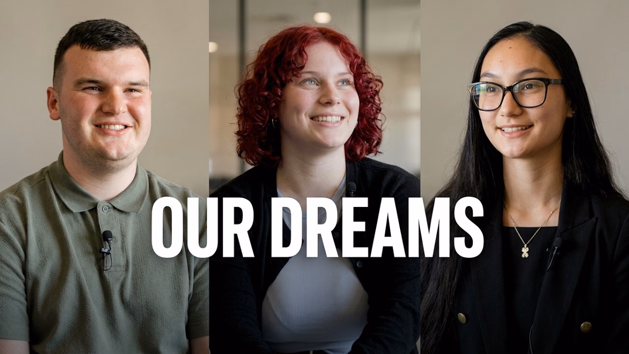Three students smiling in side-by-side portraits behind the title Our Dreams.