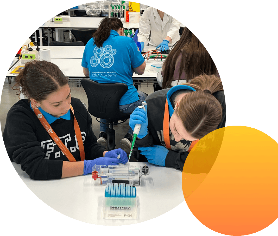 Two participants in the Young Indigenous Women’s STEM Academy conducting a lab experiment with pipettes.