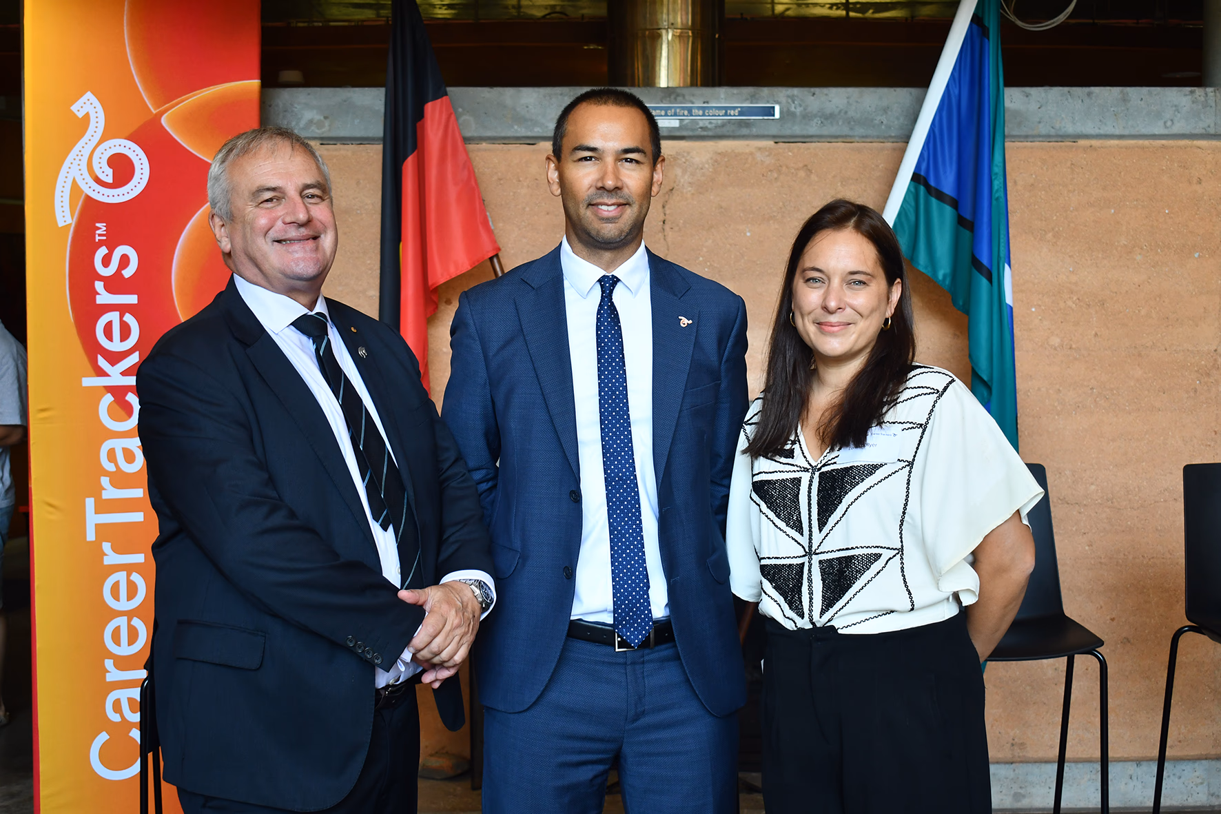 CareerTrackers CEO Adam Davids, Vice-Chancellor Professor Alex Zelinksy AO and Head of Wollotuka Loren Collyer