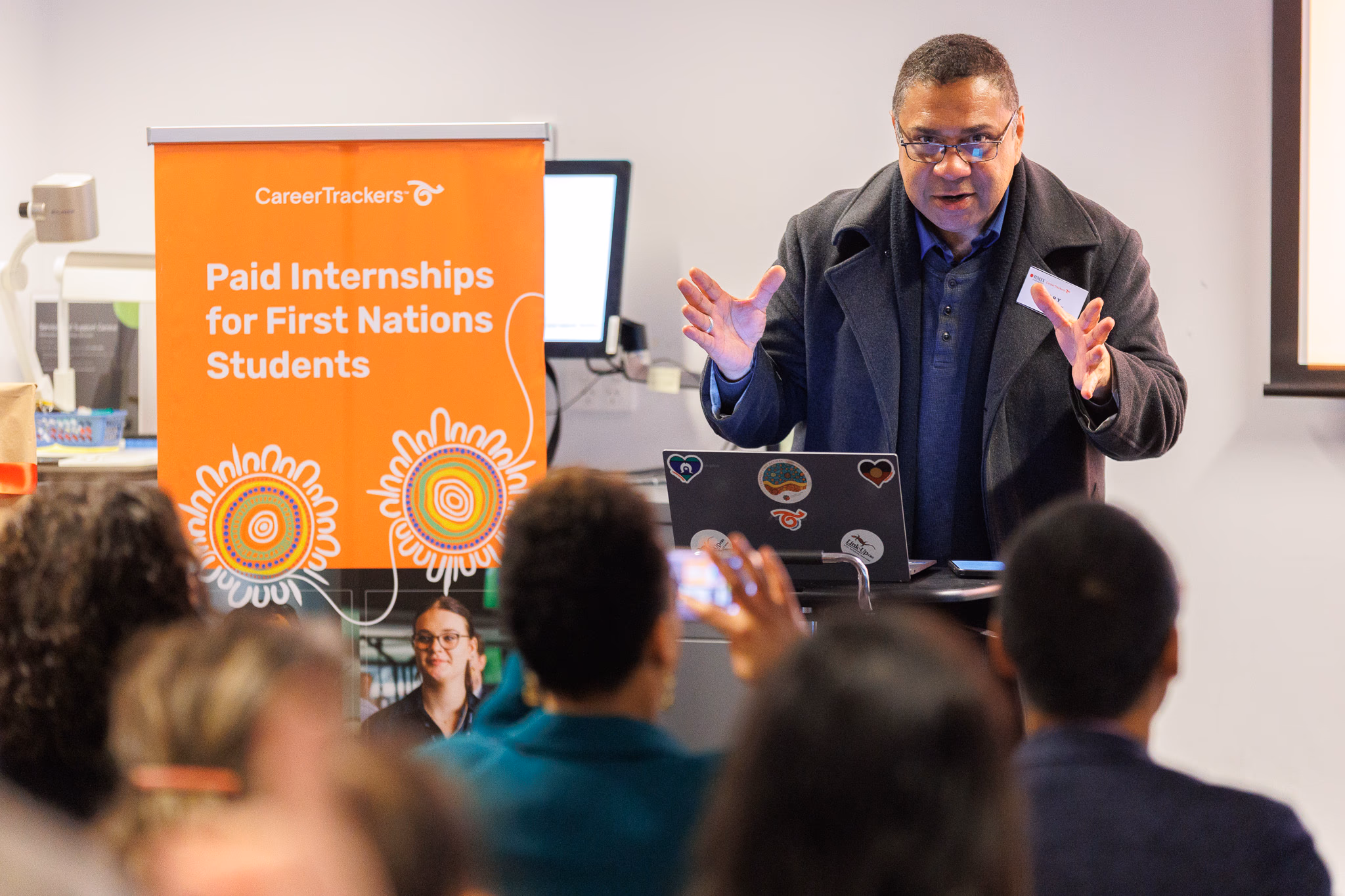 Professor Gary Thomas, Pro Vice-Chancellor Indigenous Education, Research and Engagement, at RMIT's MEGA FLEX space for the CareerTrackers partnership announcement